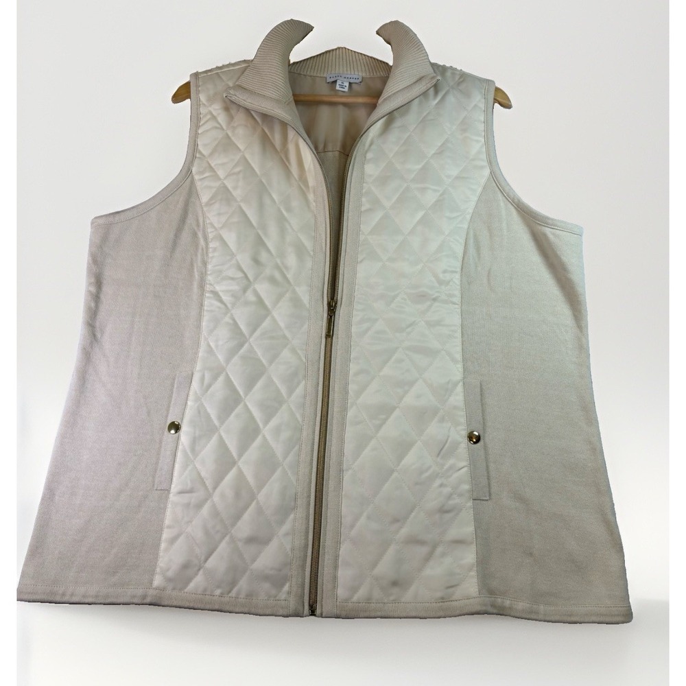 Susan Graver Knit Quilted Front Pocket Zip Front Vest Sz L Beige Gold Hardware